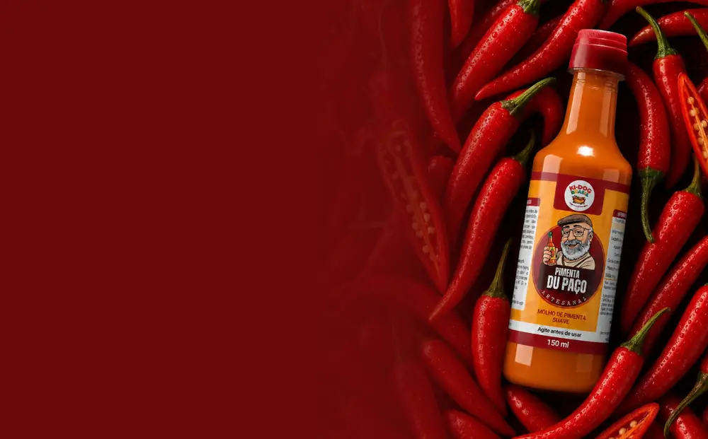 Garrafa de Pimenta Du Paco cercada por pimentas vermelhas